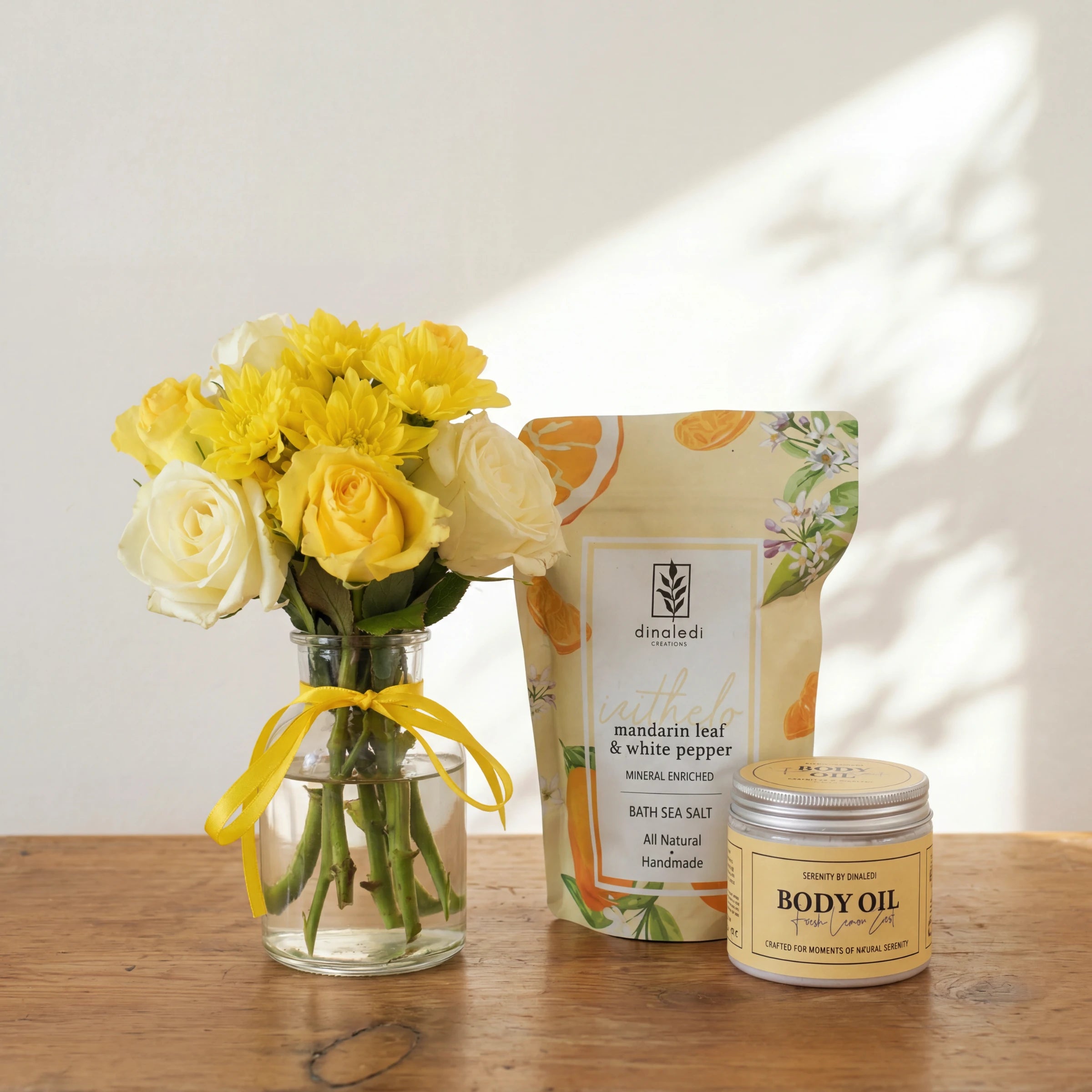 Zest & Rest pamper hamper with a sunny rose posy, Dinaledi bath salts and Fresh Lemon Zest body oil