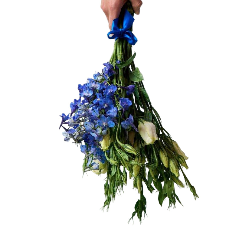 Bouquet of blue flowers held by a person wearing a white coat against a light background