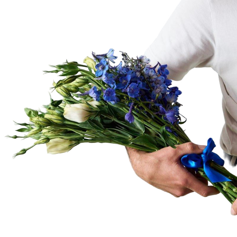 Person holding a bouquet of blue and white flowers with a plain background
