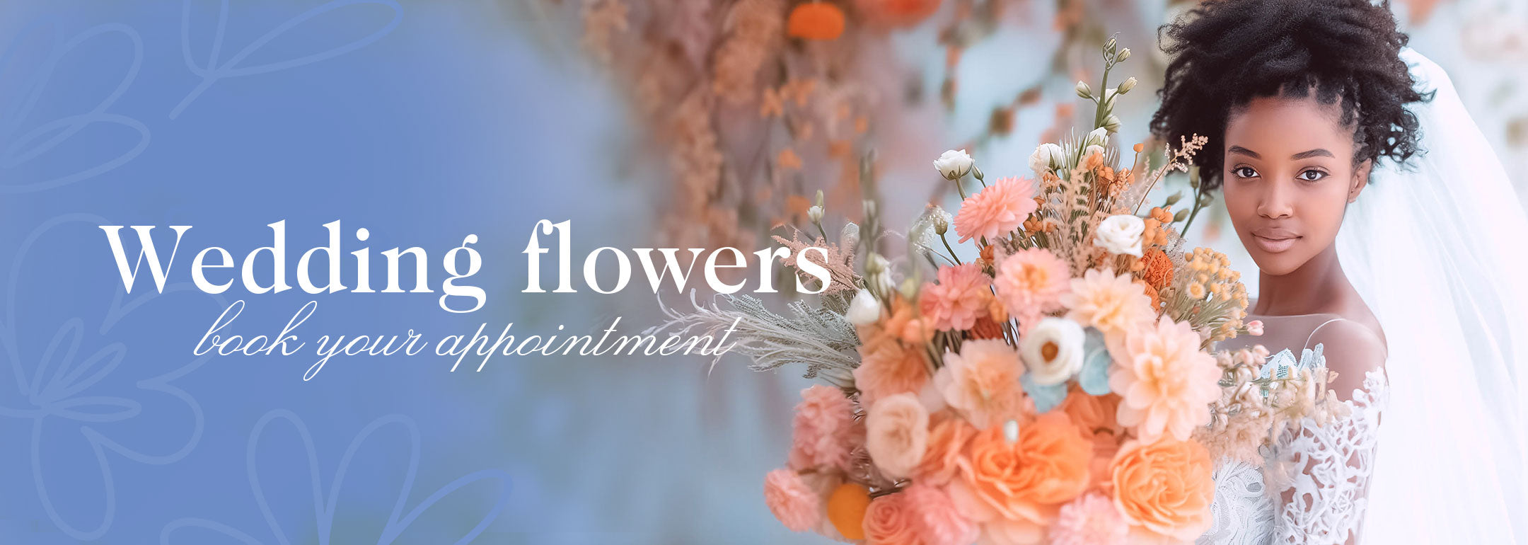 A beautiful bride holding a large bouquet of pastel-coloured flowers with the text 'Wedding flowers, book your appointment' overlayed. Weddings at Fabulous Flowers and Gifts.