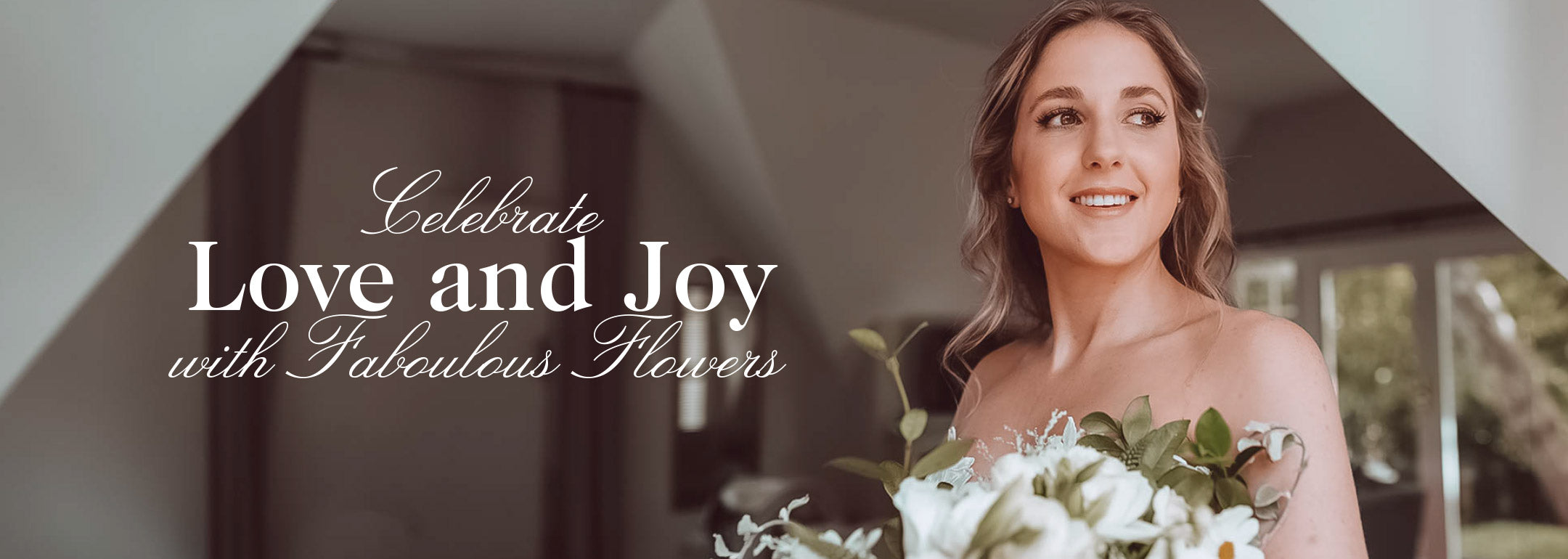 A beautiful bride smiling and holding a lush bouquet of white flowers with the text 'Celebrate Love and Joy with Fabulous Flowers' overlayed. Weddings at Fabulous Flowers and Gifts.