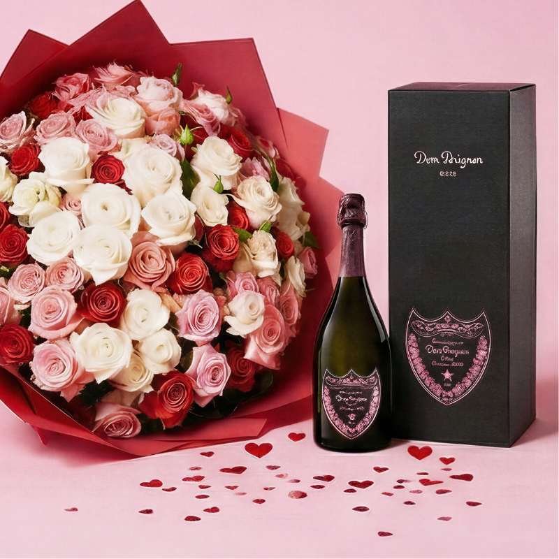 Bouquet of roses and Dom Perignon champagne bottle on a pink background