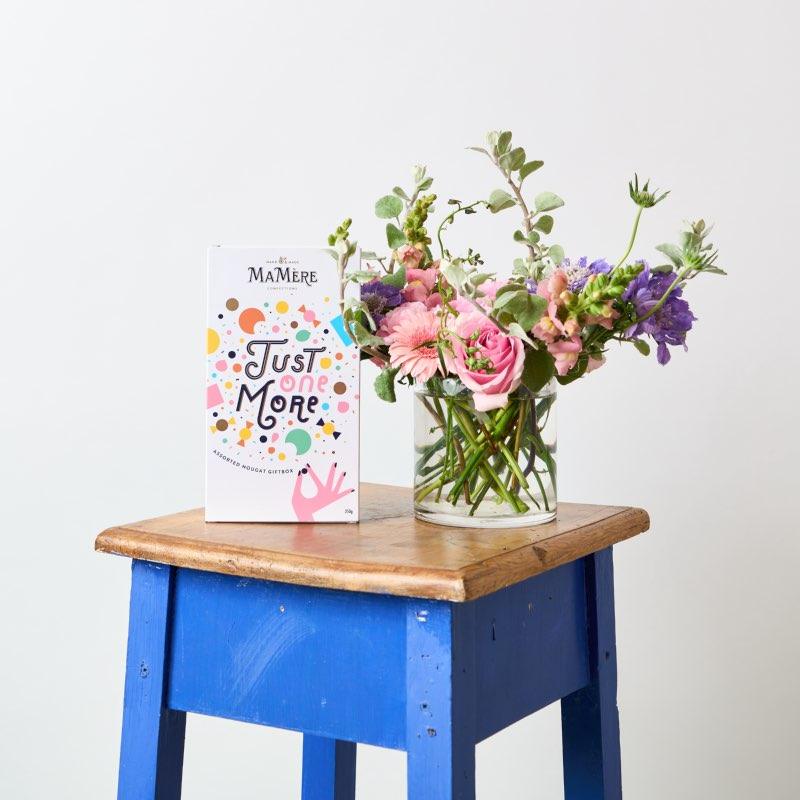 Just one more delightful flower and sweet gift. Pink and lilac flowers paired with delicious nougat for your best friend in Cape Town. Order from Fabulous Flowers today.