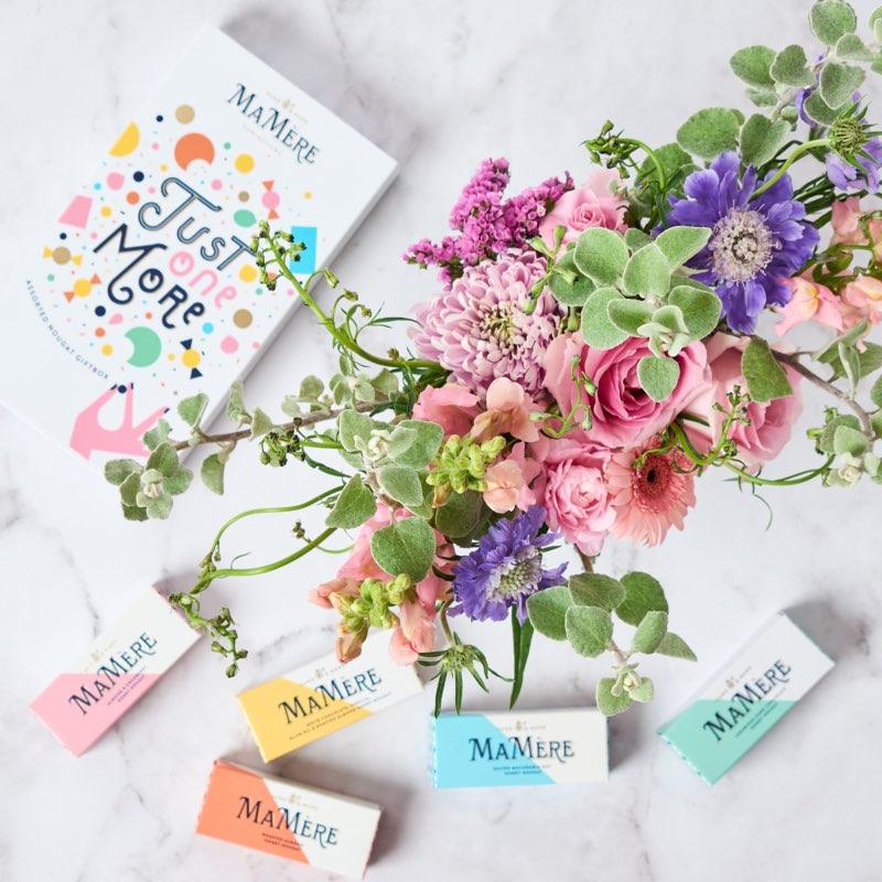 Pastel flower arrangement including chrysanthemums, snapdragons, scabiosa and statice paired with artisanal nougat from Ma Mere. Order for same day flower delivery from Fabulous Flowers and Gifts.