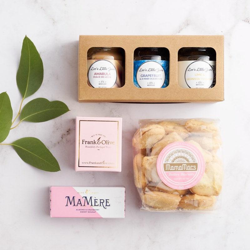Little Jams and Treats snack box includes:   3 x Leo's Little Jams MammaMacs butter biscuits Frank & Olive Tutti Frutti Ma Mere nougat 50g by Fabulous Flowers and Gifts South Africa