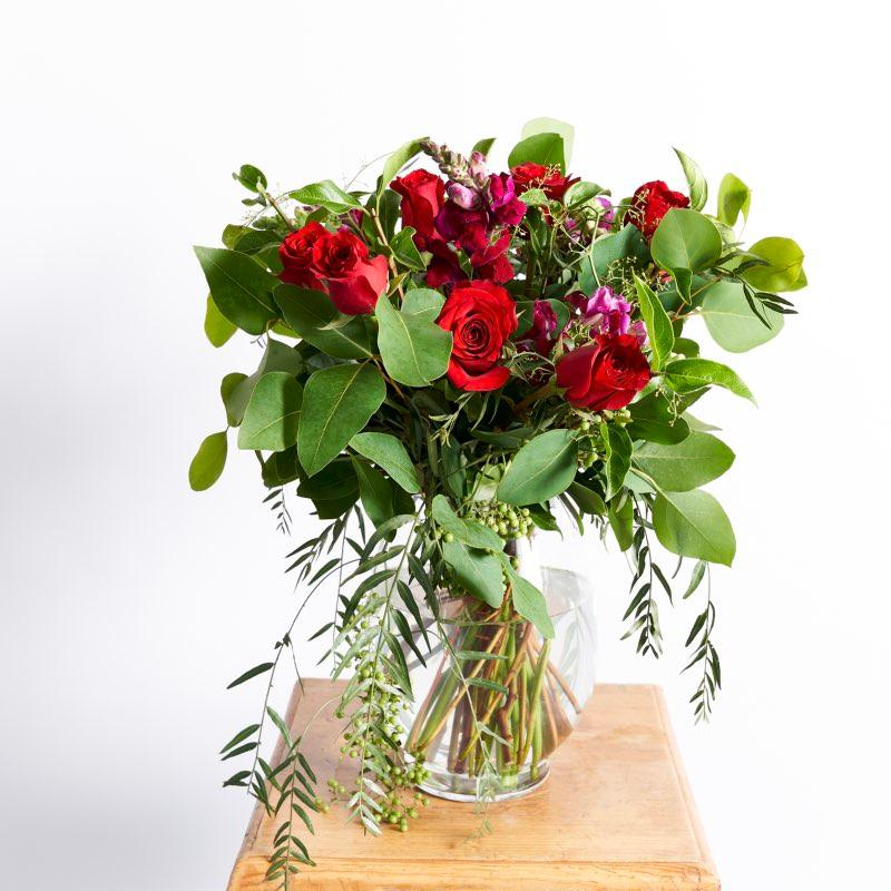 12 red roses 5 snapdragons Glass vase with whimsical greenery | Fabulous Flowers and Gifts