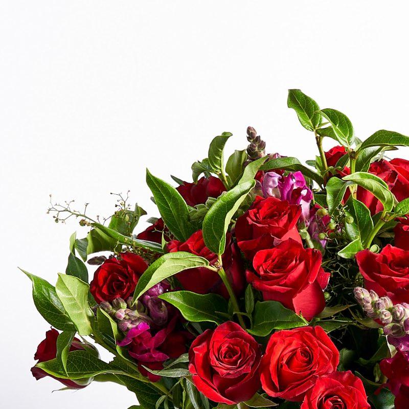 36 romantic red roses arranged with 10 snapdragons Lush Greenery Glass Vase | Fabulous Flowers Constantia Florist