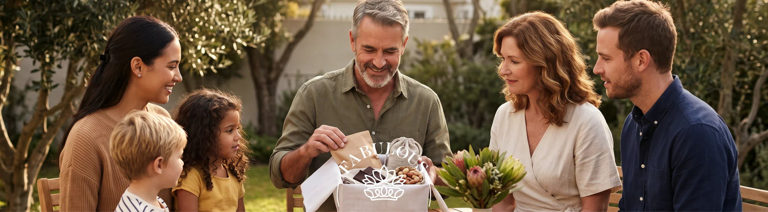 South African family around dad opening a Fabulous Flowers Father's Day gift hamper with biltong, nuts, and proteas