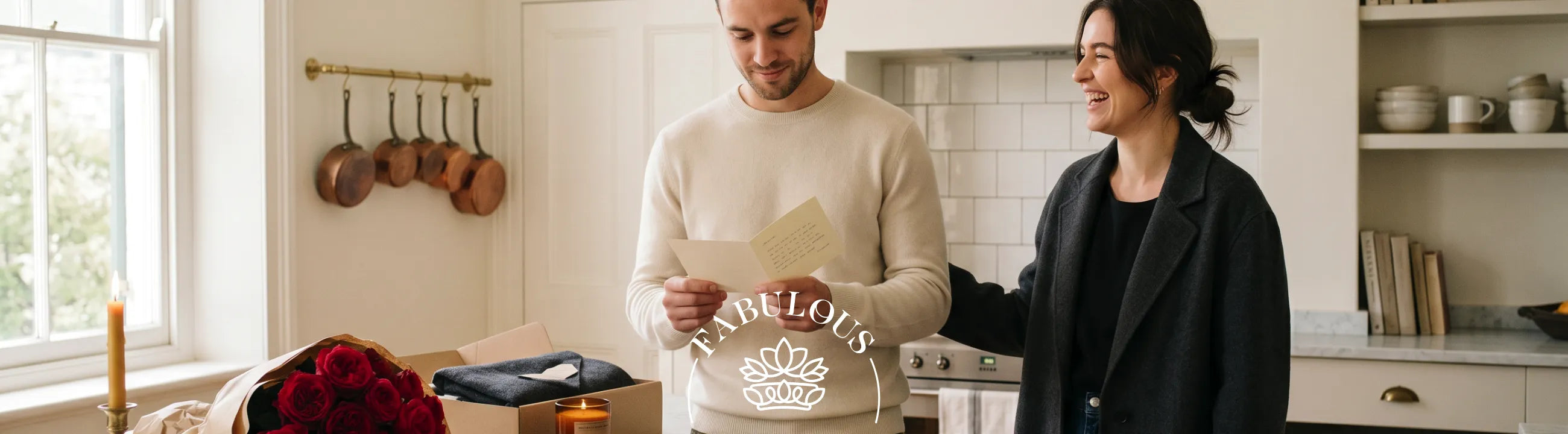 Husband reading handwritten birthday card from his wife in a sunlit Cape Town kitchen with red roses and curated gift box from Fabulous Flowers since 1999