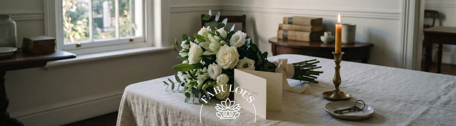 White rose and lily sympathy bouquet beside a handwritten condolence card and lit candle on a linen table, Condolence Messages, Fabulous Flowers Cape Town