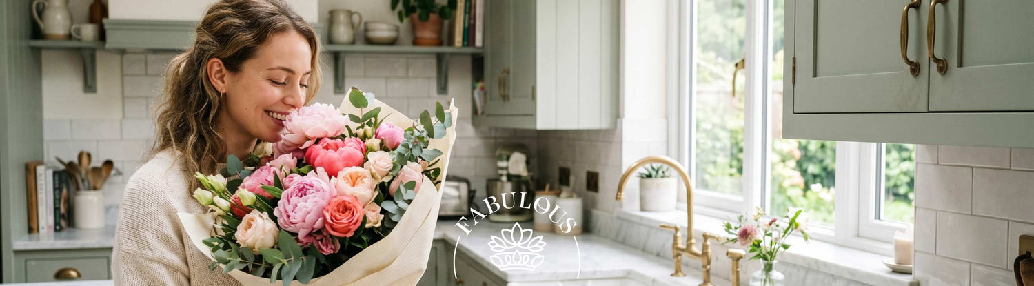 Smiling woman with a peonies South Africa bouquet in a sage-green kitchen, by Fabulous Flowers Cape Town florist