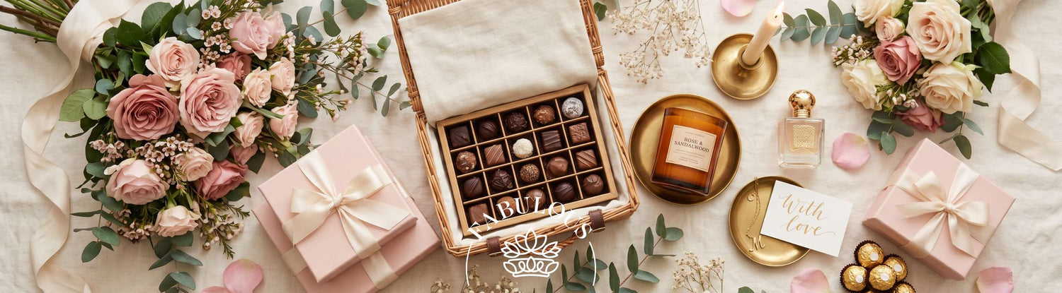 Top shot flat lay of flowers, perfume, chocolates and wrapped gift boxes in pastel hues