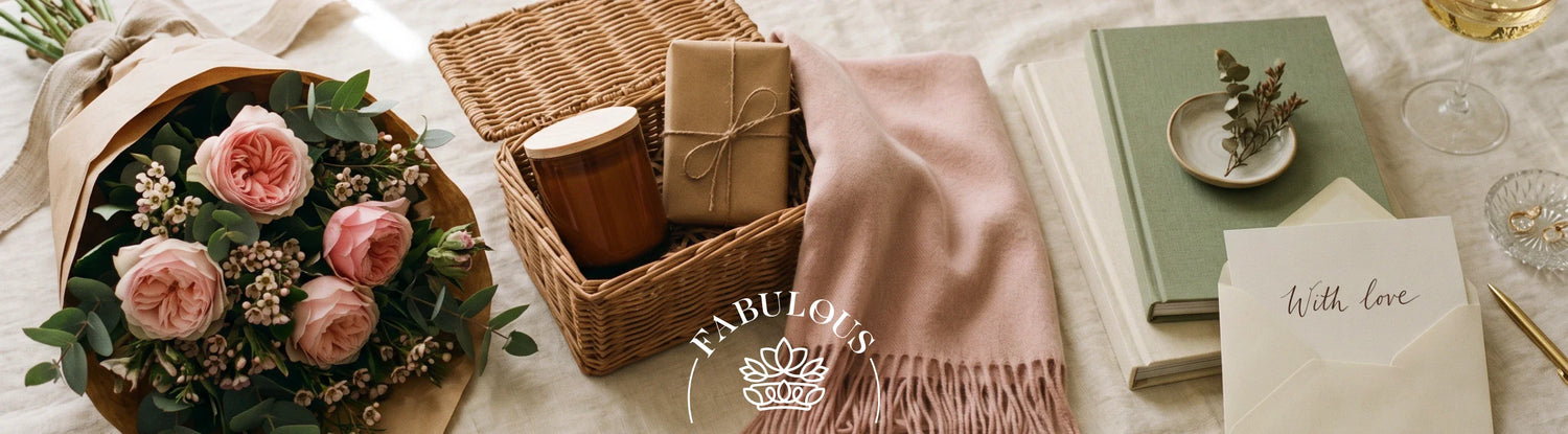 The 5 gift rule for birthdays explained with flowers hamper scarf books and card by Fabulous Flowers since 1999