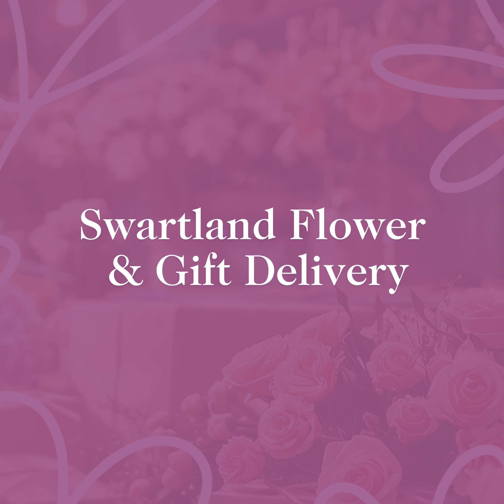 Close-up of pink flowers with a soft purple overlay. Text reads 'Saldanha Flower & Gift Delivery' with floral outlines in the background.