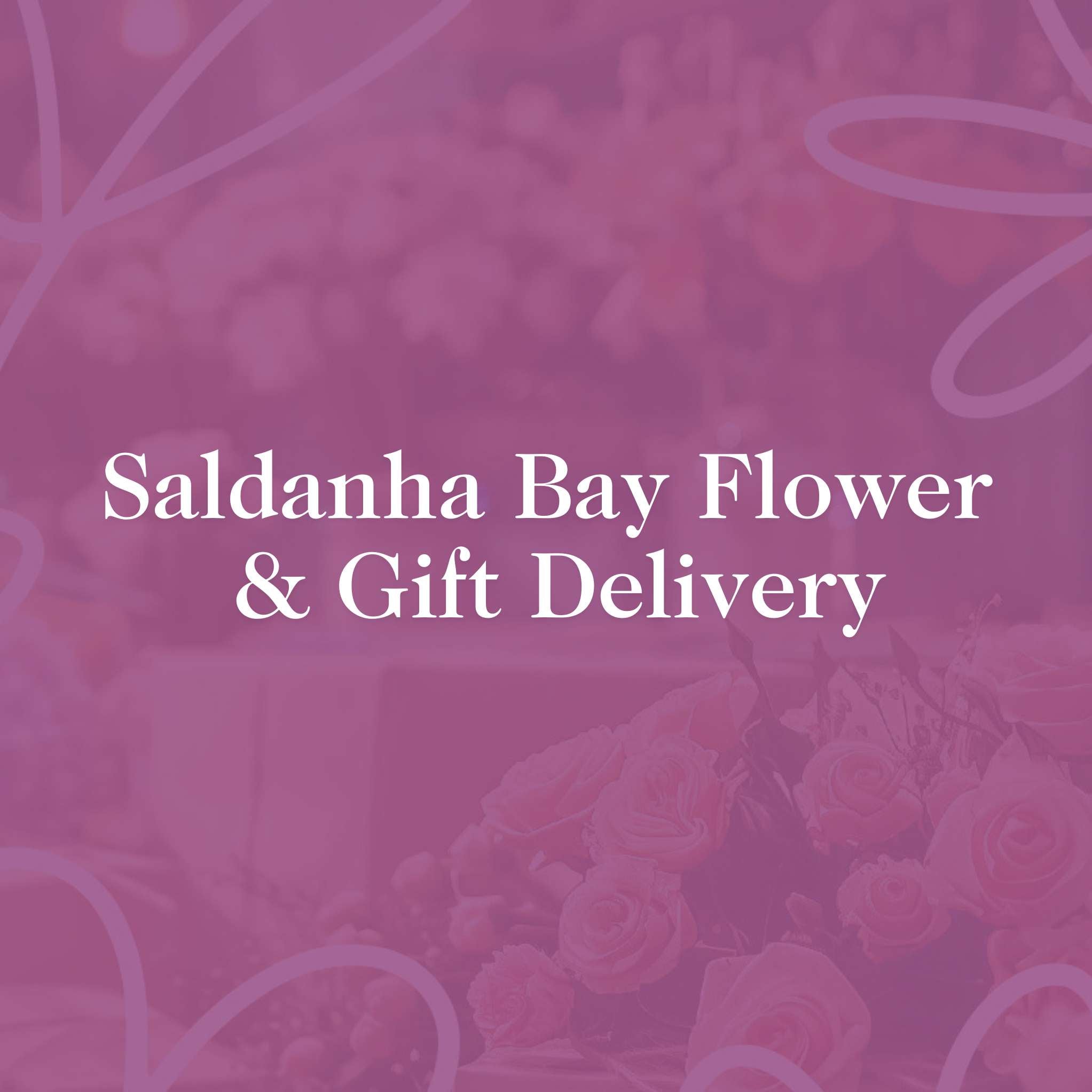 Close-up of pink flowers with a soft purple overlay. Text reads 'Saldanha Flower & Gift Delivery' with floral outlines in the background.