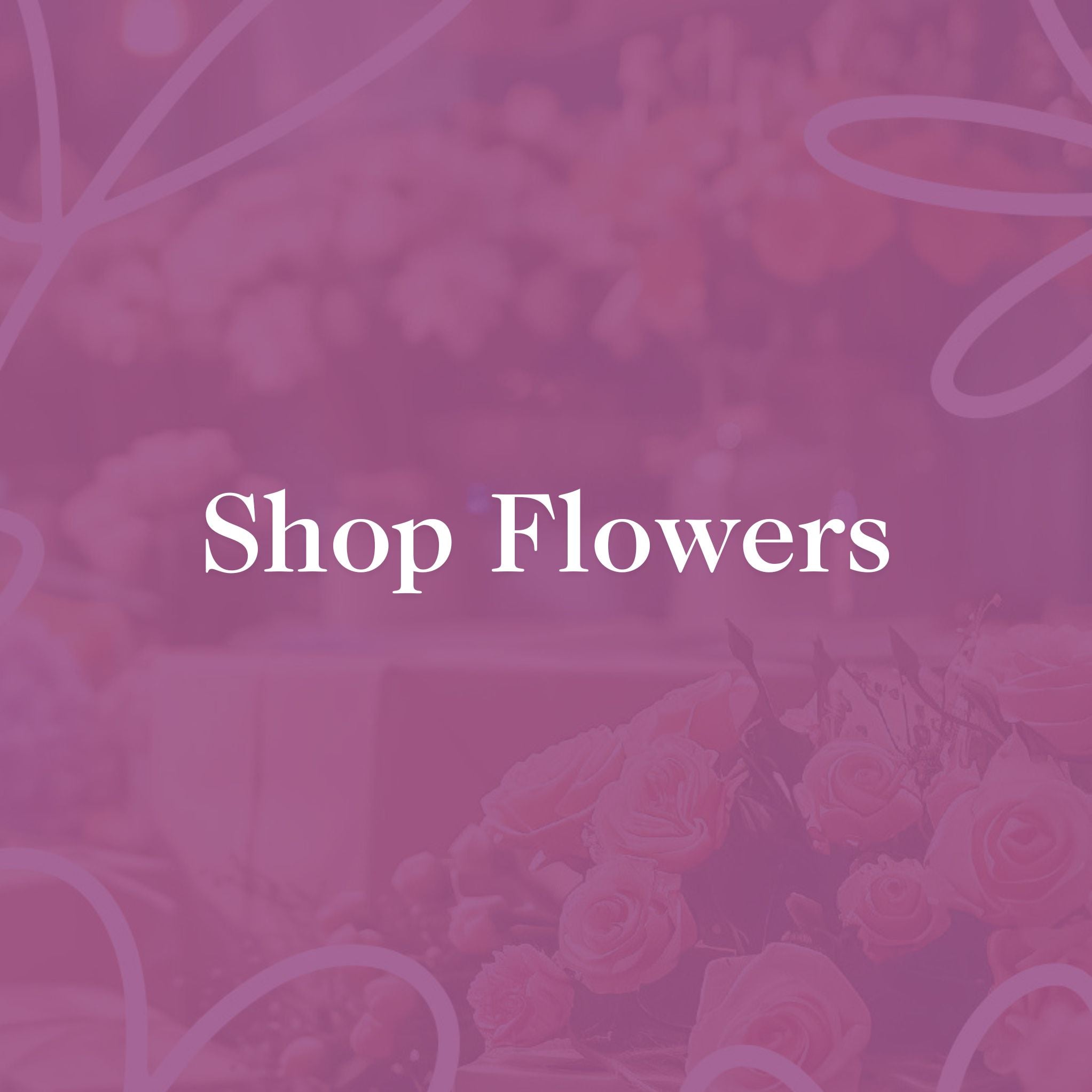 Shop Flowers - Text 'Shop Flowers' over a soft pink background with an image of a bouquet of roses subtly visible in the background.
