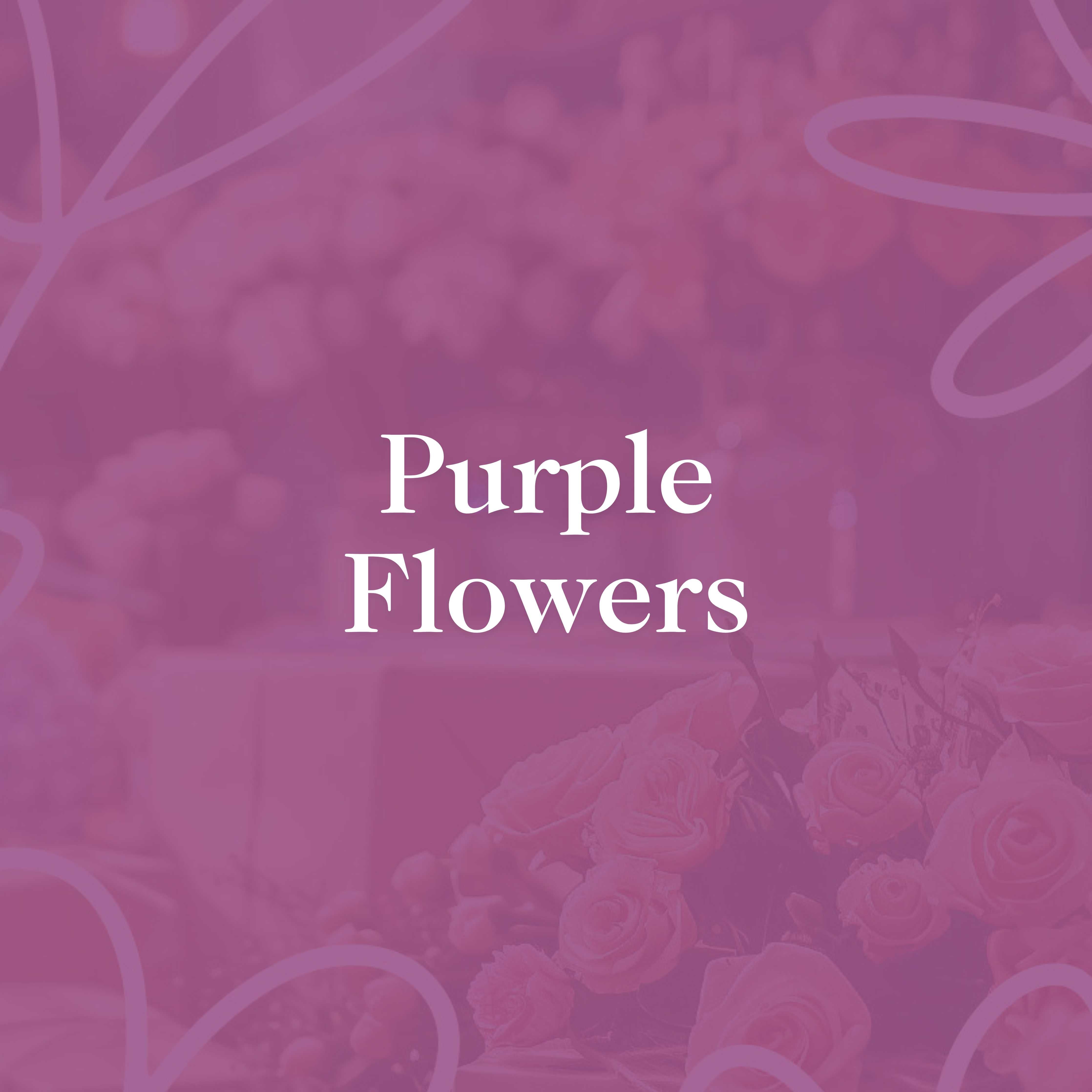 Promotional image titled 'Purple Flowers' with elegant white text overlaying a soft purple background, showcasing a blurred image of floral arrangements.