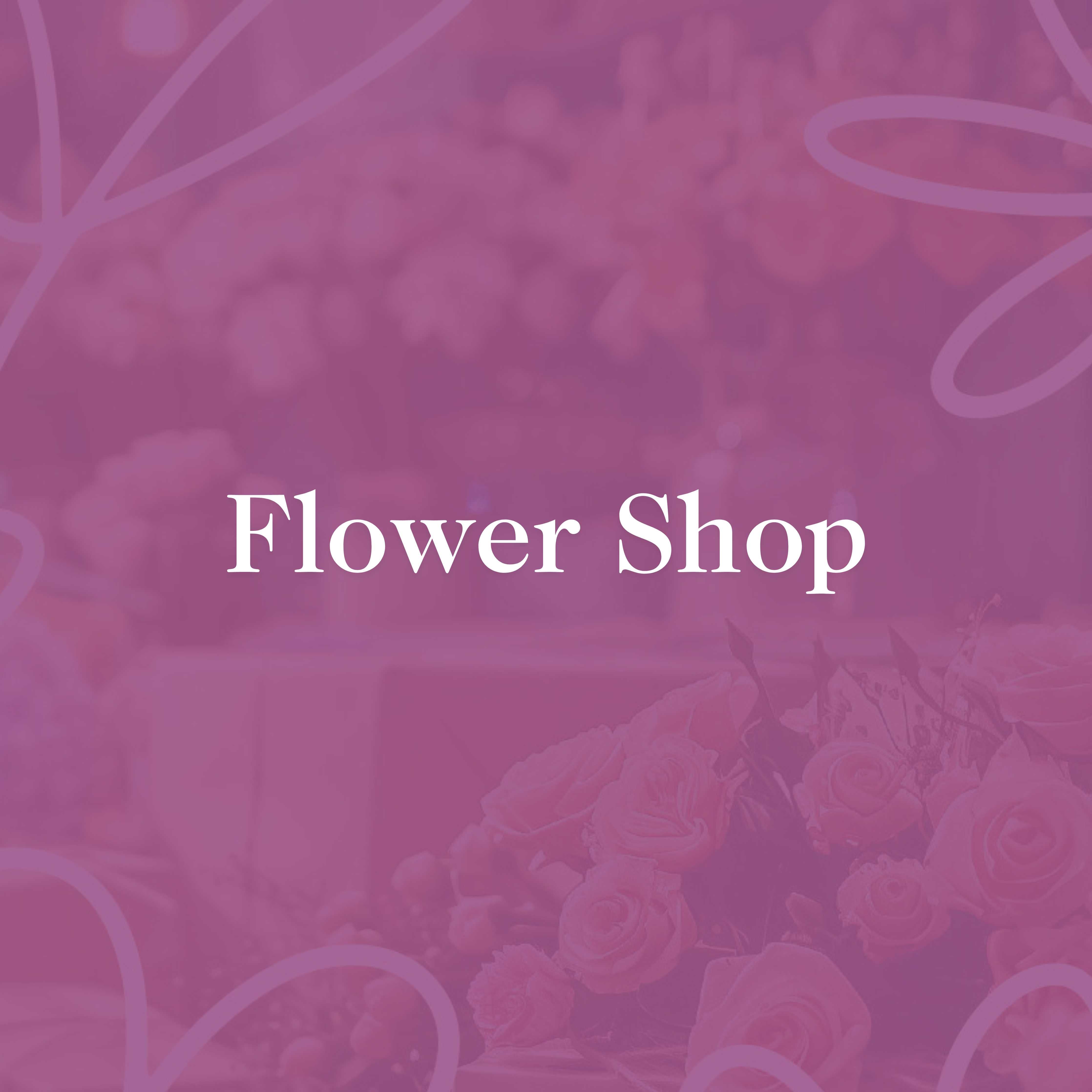 Square promotional image for 'Flower Shop' featuring a soft purple overlay with the shop's name in elegant white text, set against a blurred background of fresh roses.