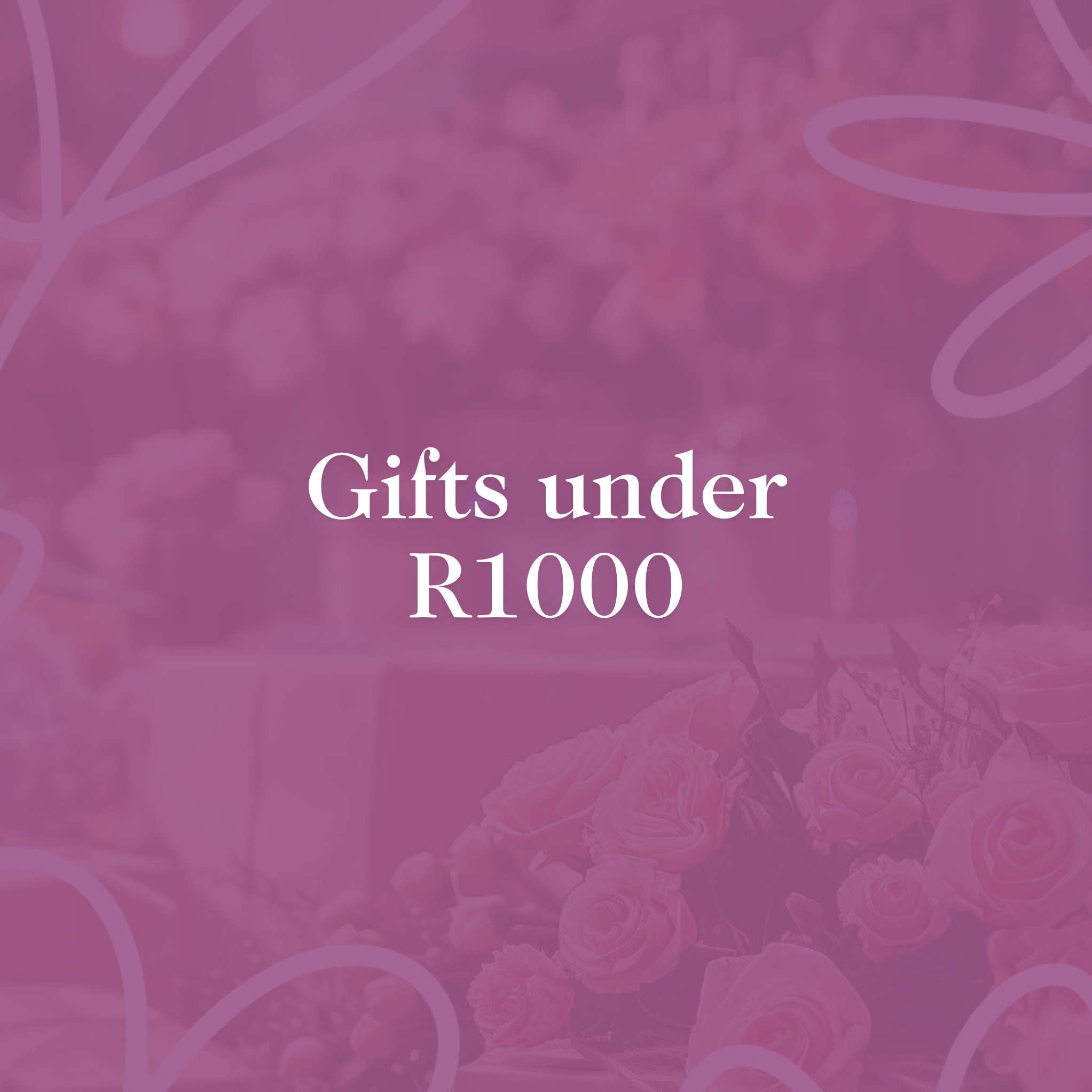 Gifts under R1000 - Text overlaid on a soft pink floral background.