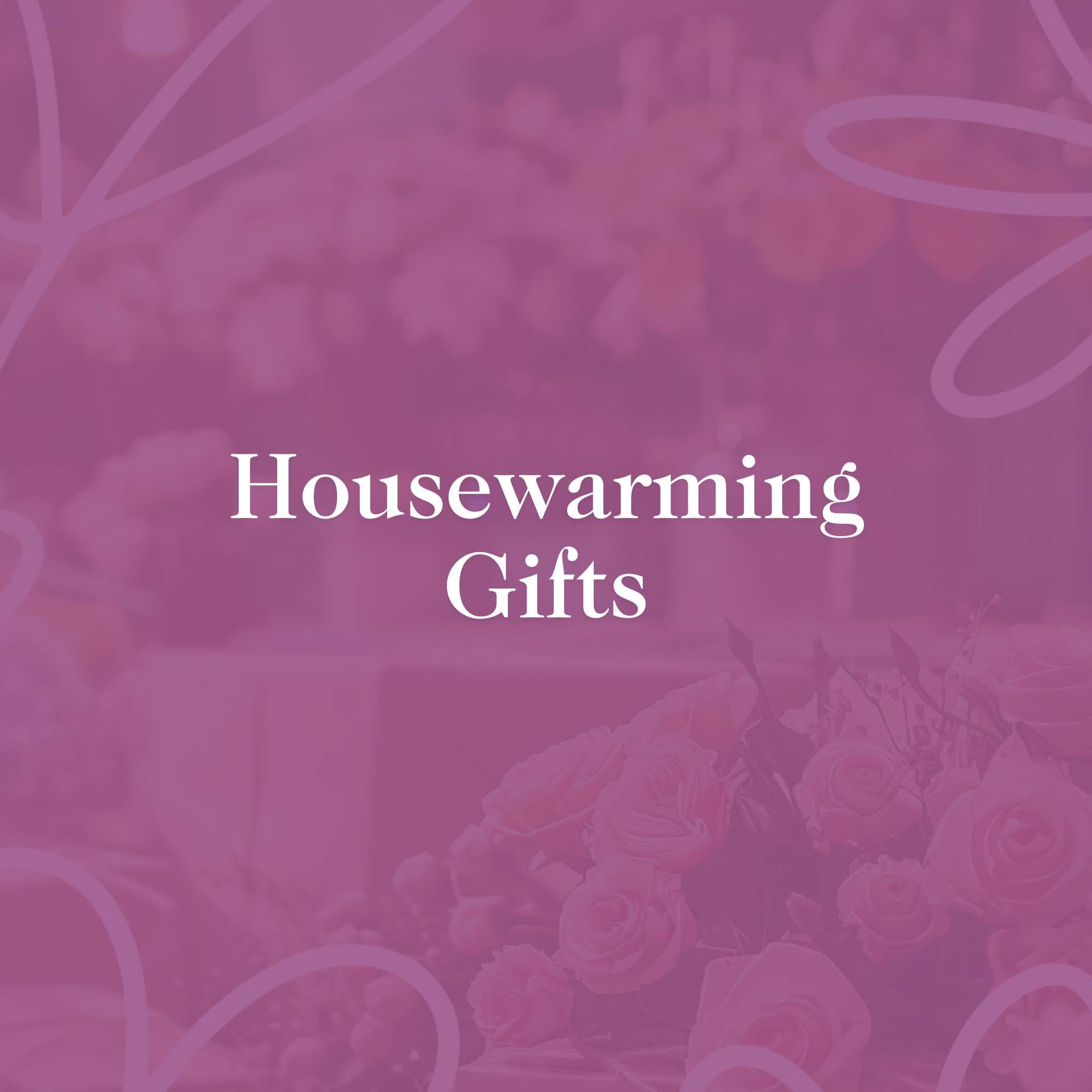 Housewarming Gifts" text on a soft pink floral background with roses, creating a welcoming and celebratory atmosphere.