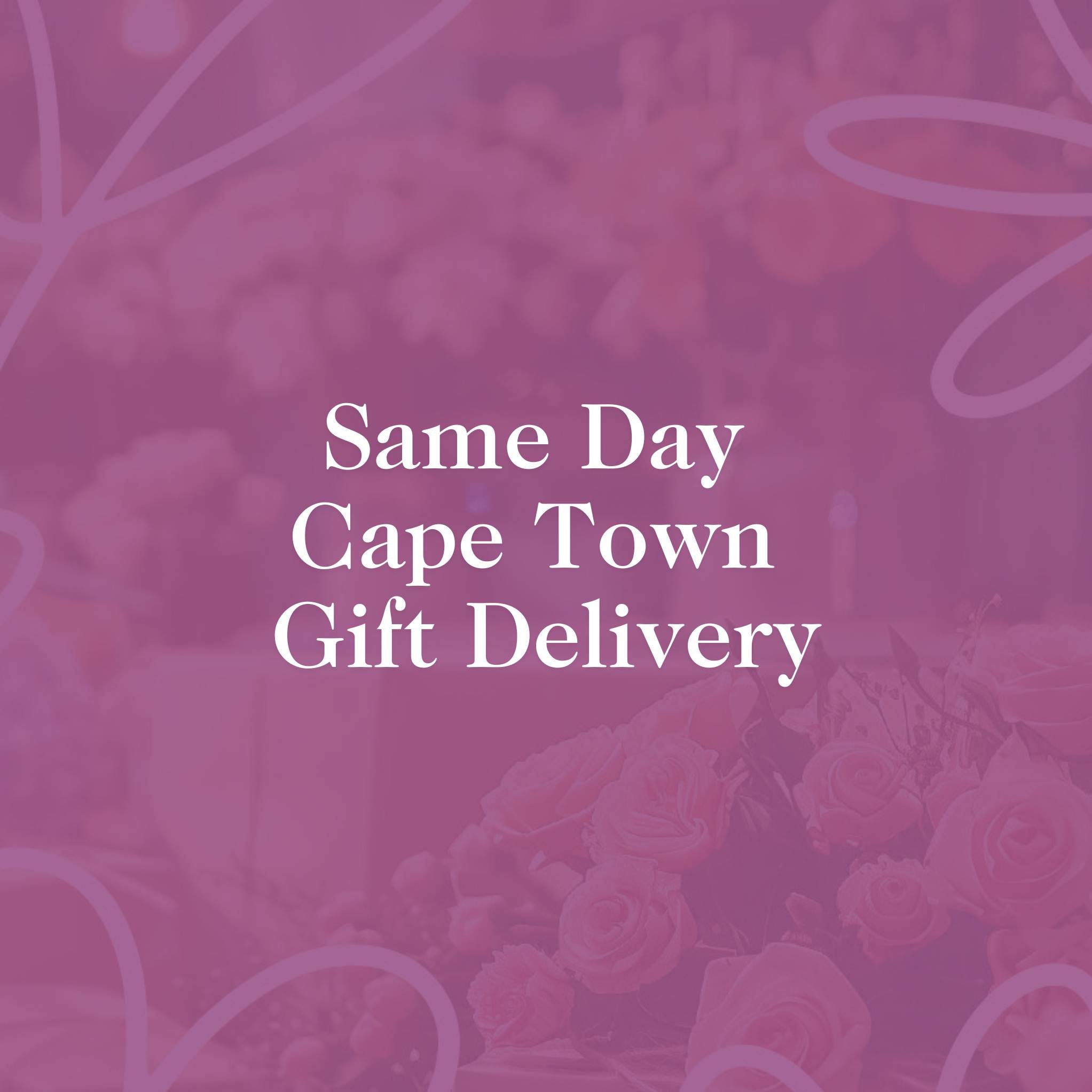 Same Day Cape Town Gift Delivery - Elegant pink-toned background with roses, highlighting fast delivery service from Fabulous Flowers and Gifts.