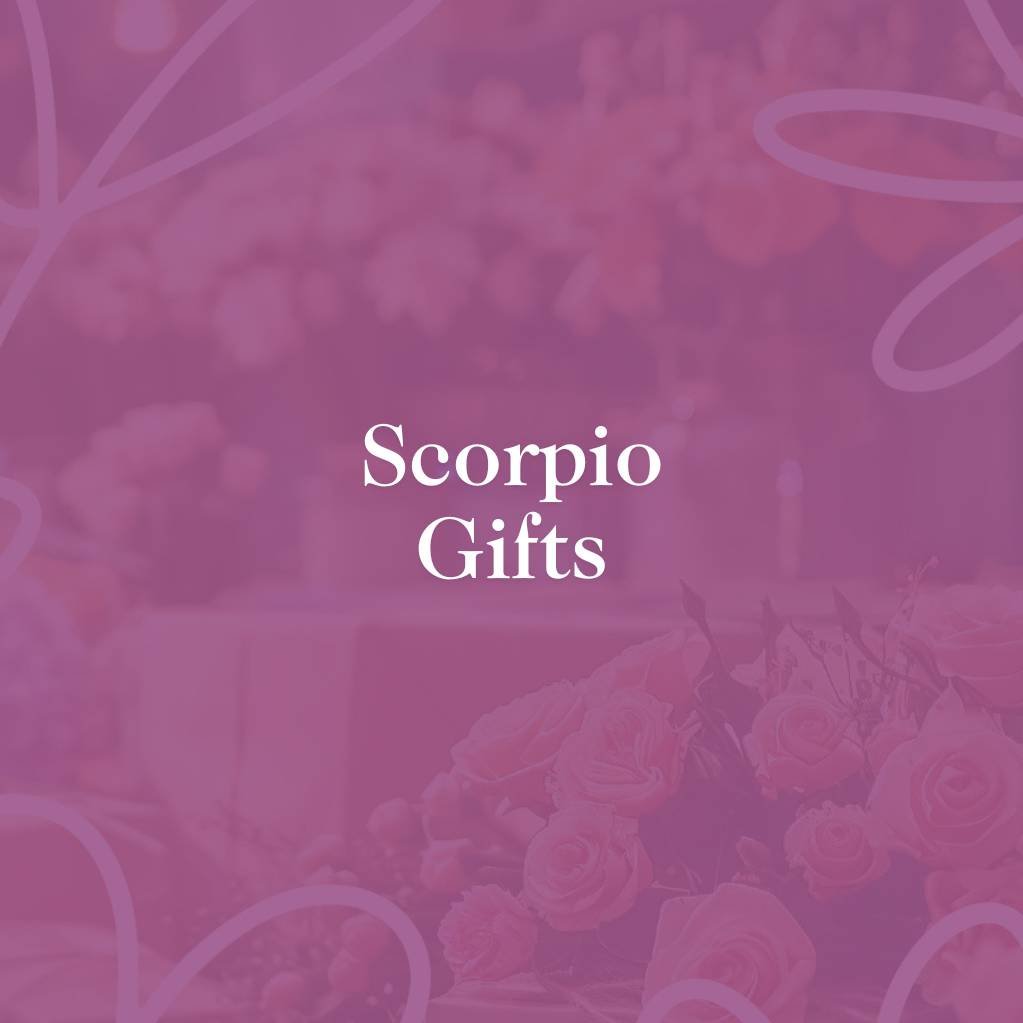 Scorpio Gifts text over a soft pink floral background, symbolising unique gift ideas for Scorpios.