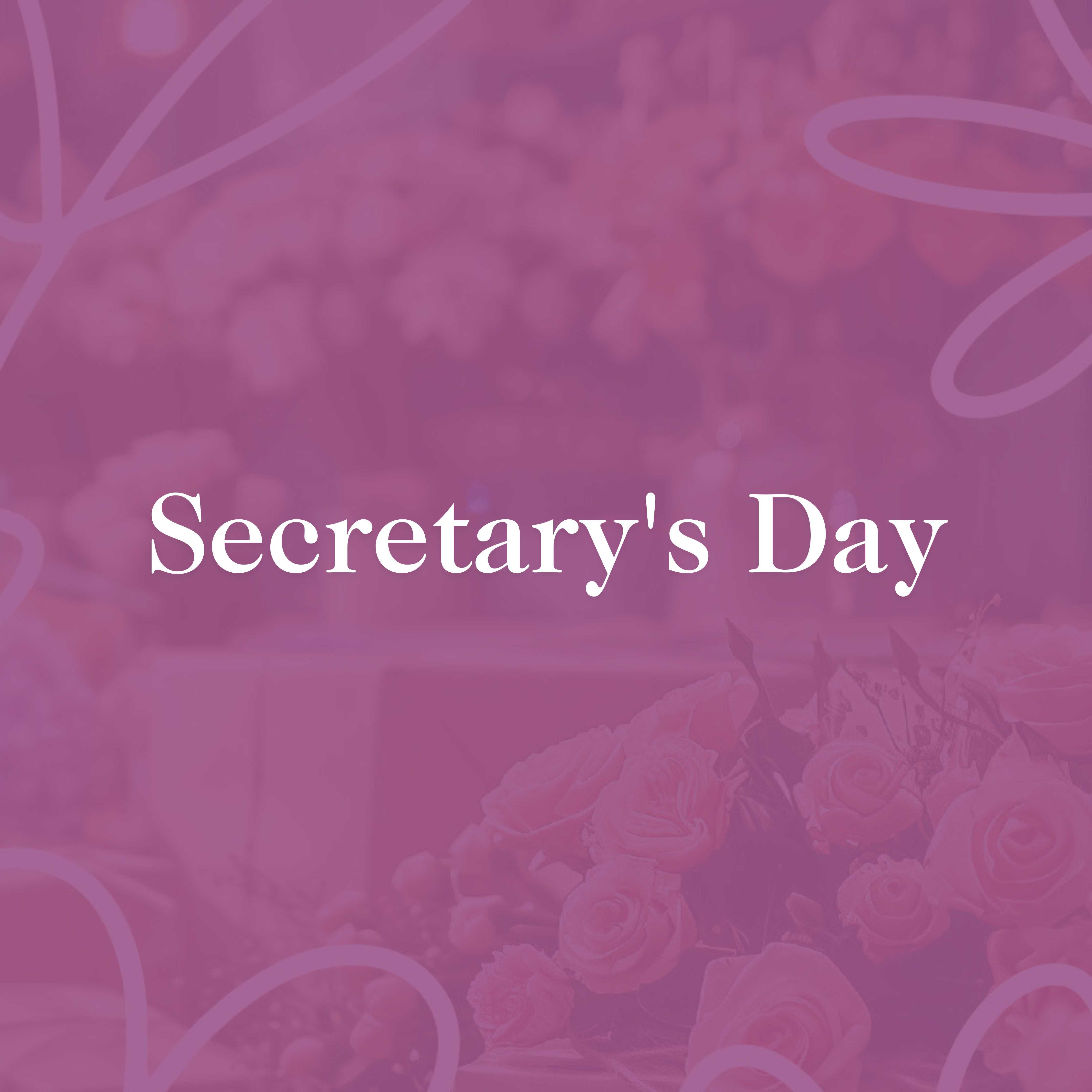 Promotional image titled 'Secretary's Day' with a soft purple background and a beautiful arrangement of pink roses prominently displayed, symbolising romantic celebrations.