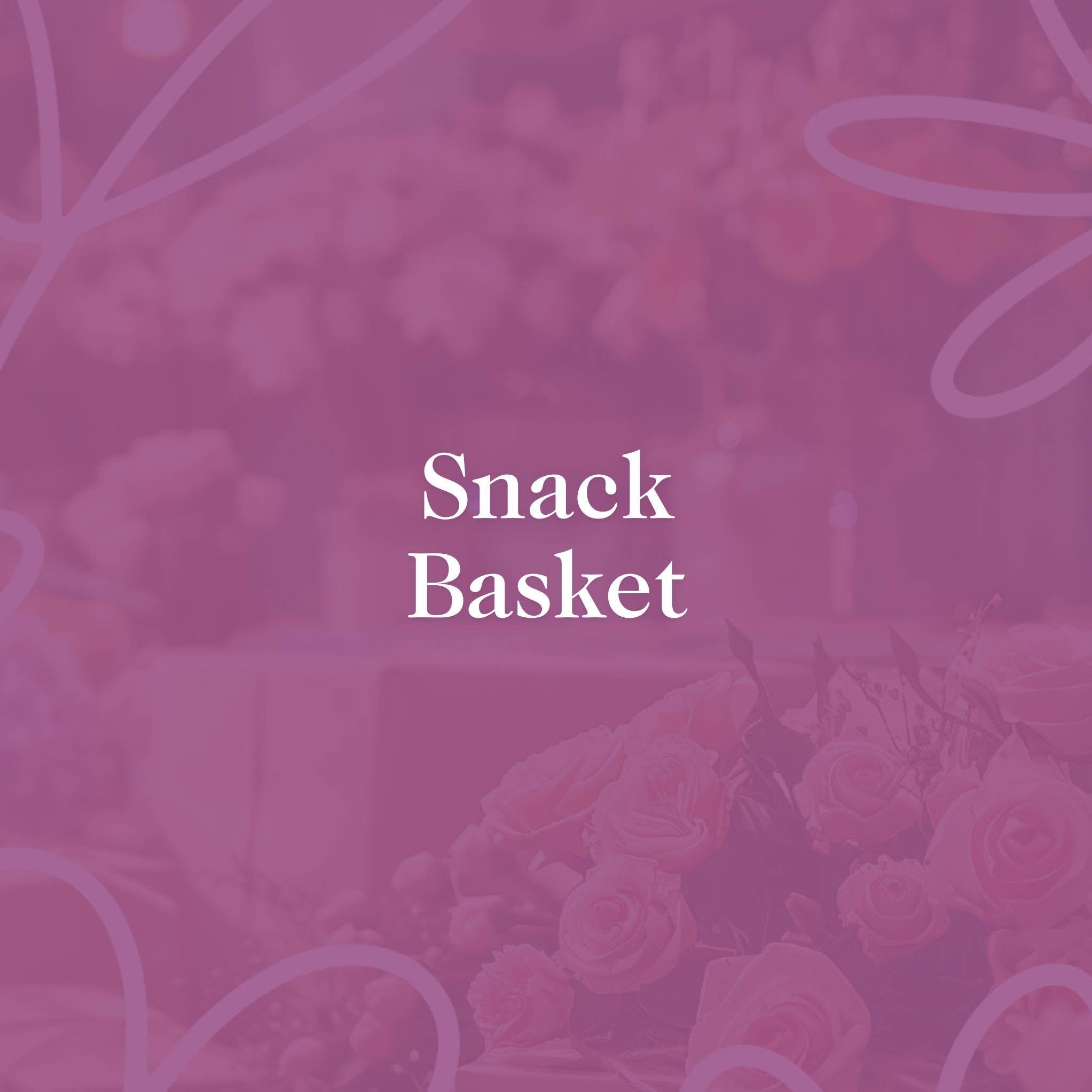 Snack Basket graphic with a soft pink overlay featuring floral arrangements in the background with roses.
