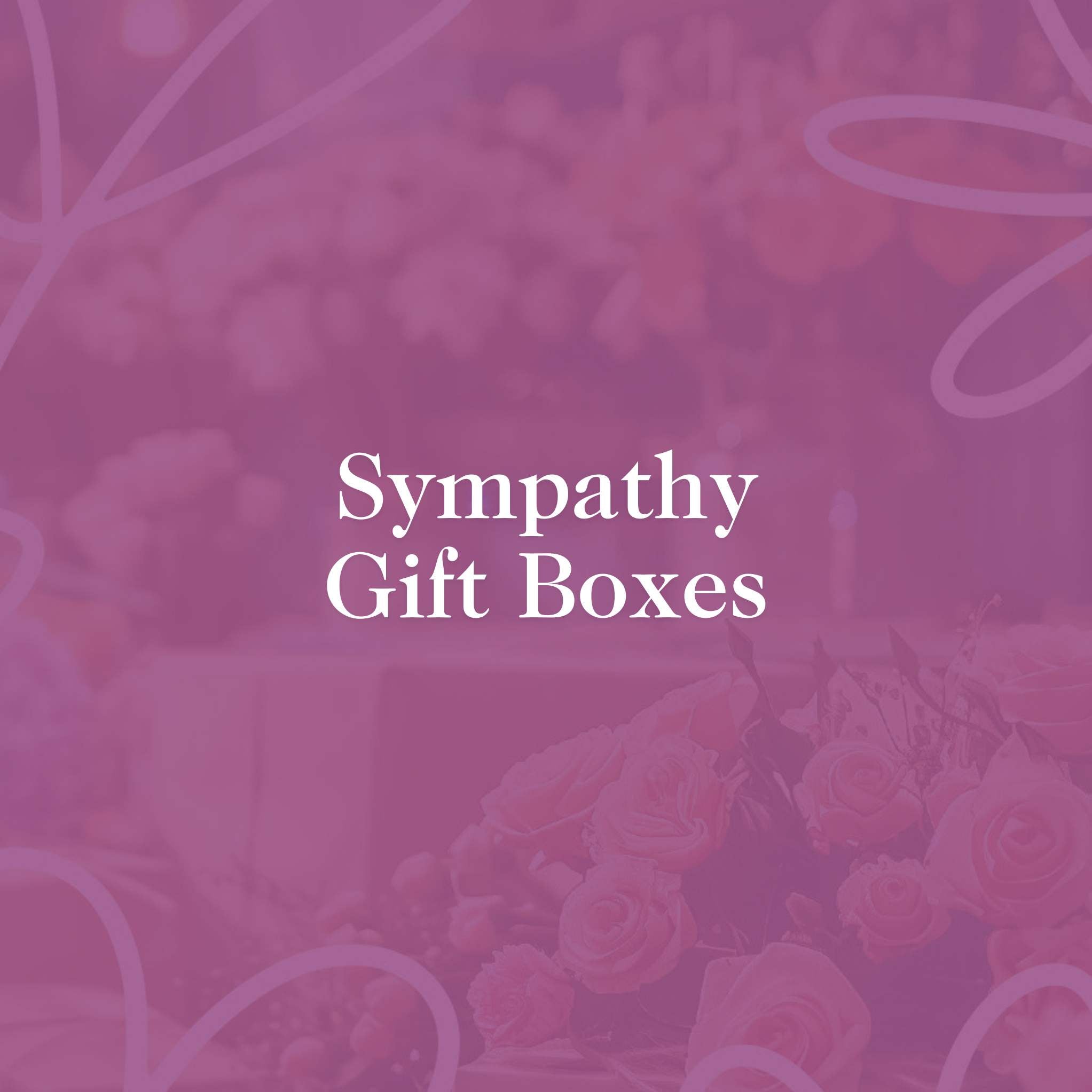 Sympathy Gift Boxes by Fabulous Flowers and Gifts, soft pink background with floral accents, text overlay.
