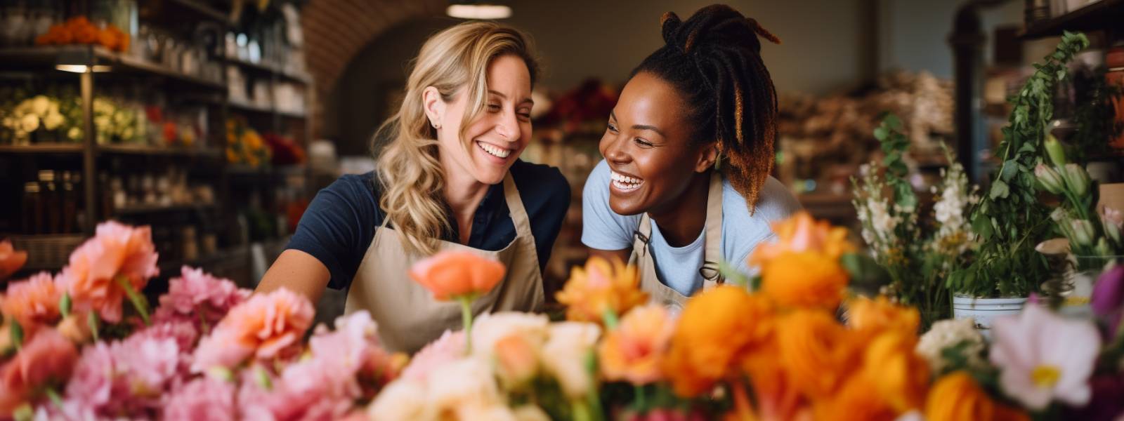 Bouquets of flowers surrounding two florists from diverse backgrounds - Fabulous Flowers