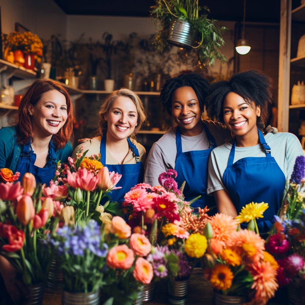 Colourful and vibrant flower bouquets made by local florists wearing blue aprons and smiling - Fabulous Flowers