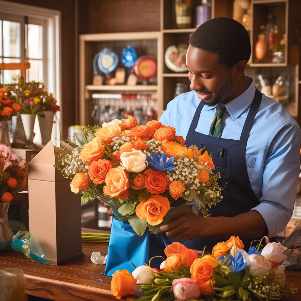 Male florist creating a gifts for men in a beautiful flower shop 