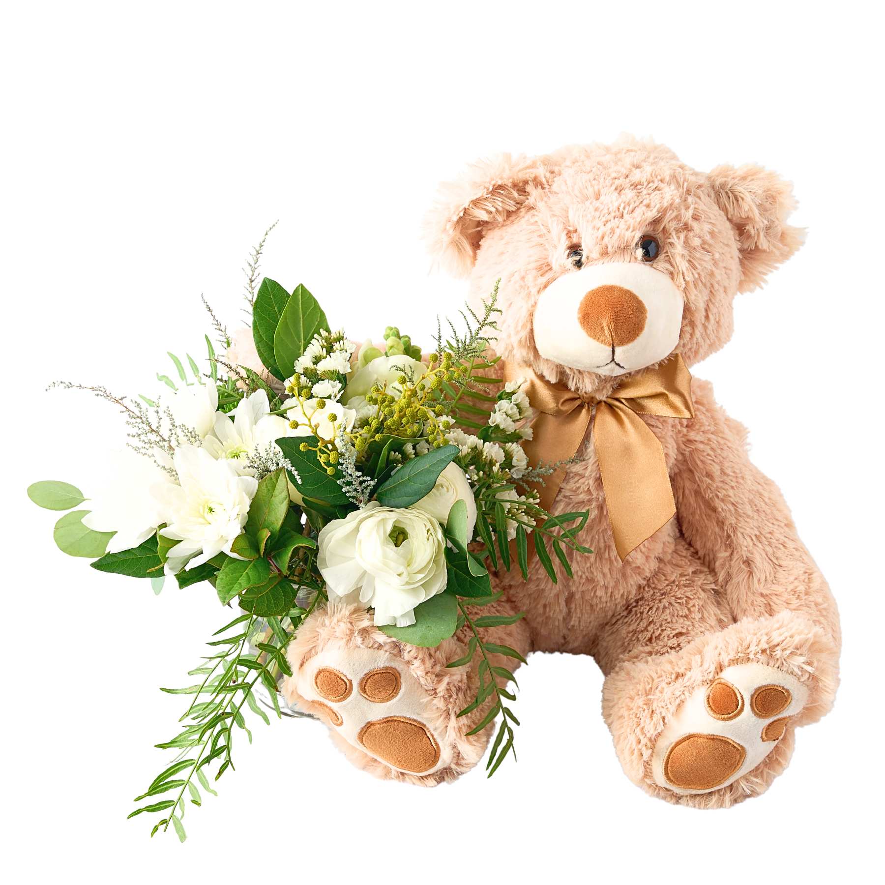 A Baby Has Arrived gift set with plush teddy bear and fresh white-and-green flowers