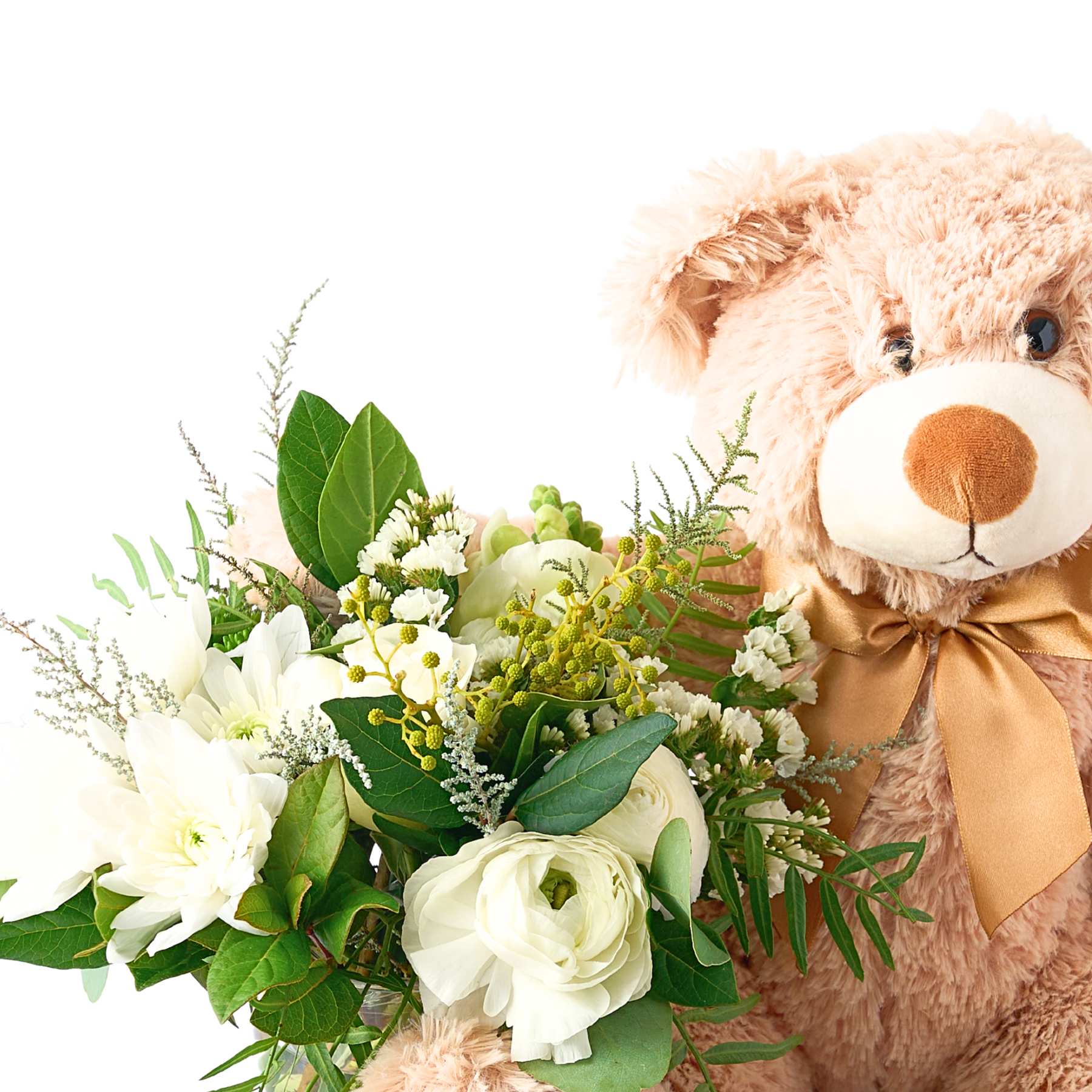 Close-up of teddy bear with white flowers and greenery from the A Baby Has Arrived gift set