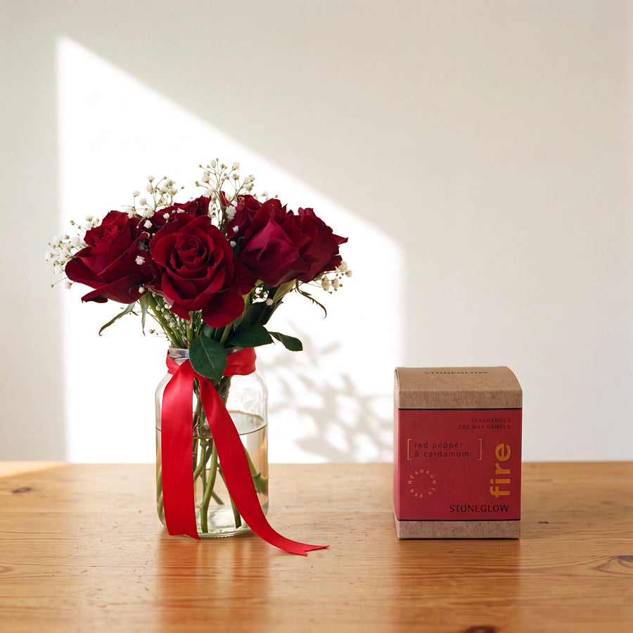 Ablaze with Love red rose arrangement with Stoneglow Fire candle gift set
