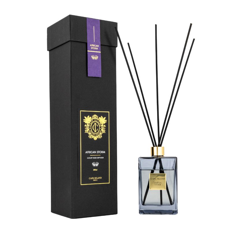 African Storm 500ml Diffuser - Fabulous Flowers and Gifts: luxury Cape Island reed diffuser with black gift box and gold label.