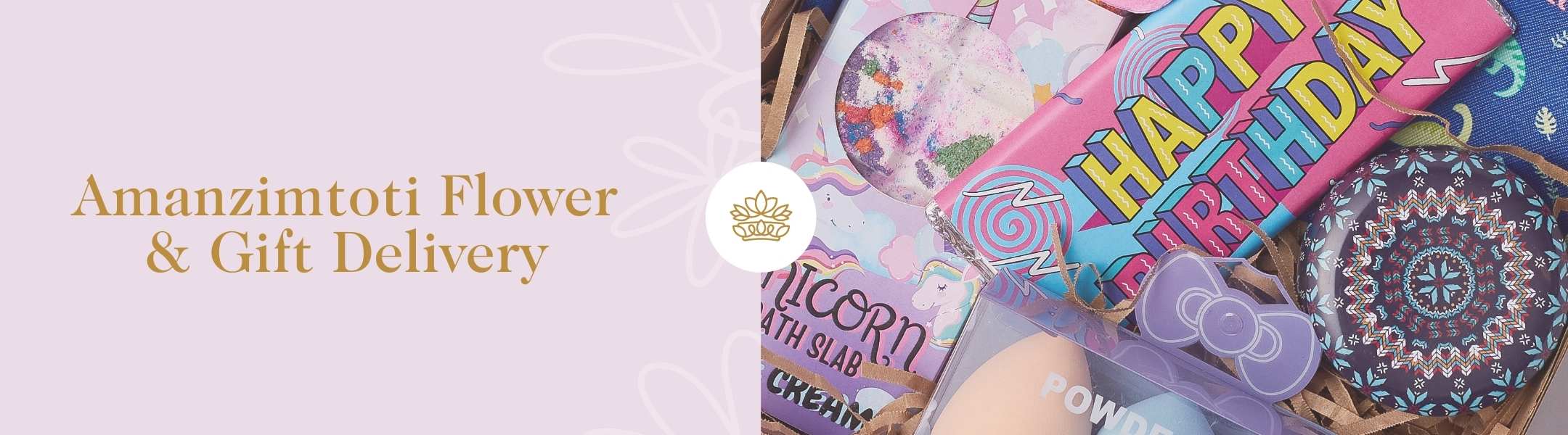 Amanzimtoti Flower & Gift Delivery with Fabulous Flowers branding, featuring colourful birthday and unicorn-themed gift items.
