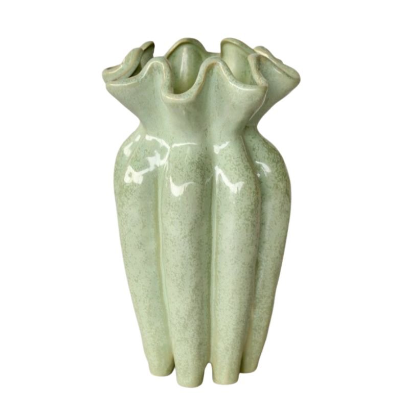 Aqua Green Ceramic Fluted Vase - Fabulous Flowers & Gifts with ruffled rim and glossy speckled glaze, modern decorative vase.