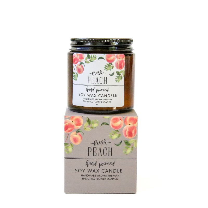 Fresh Peach soy wax candle on matching box with peach illustrations – Aromatherapy candle at Fabulous Flowers and Gifts
