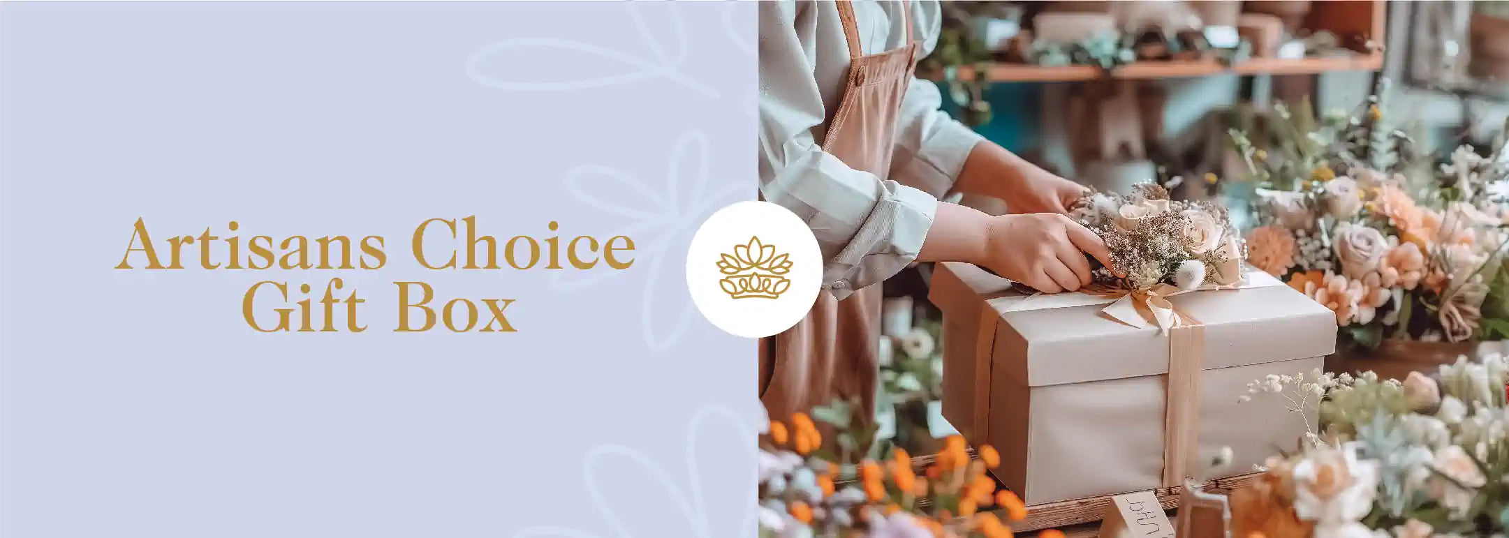 Artisan arranging a sophisticated gift box in a floral boutique, surrounded by an array of exquisite flowers, epitomising Fabulous Flowers and Gifts.