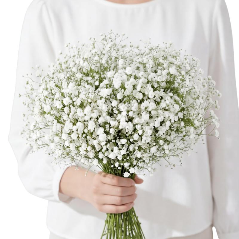 Person holding a bouquet of white flowers against a white background