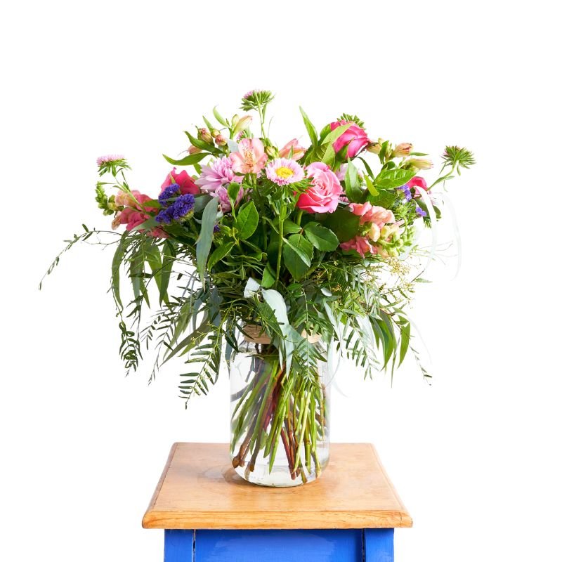 Beautiful flower arrangement with pink roses, alstroemeria, aster, purple statice and chrysanthemums | Fabulous Flowers Cape Town Florist