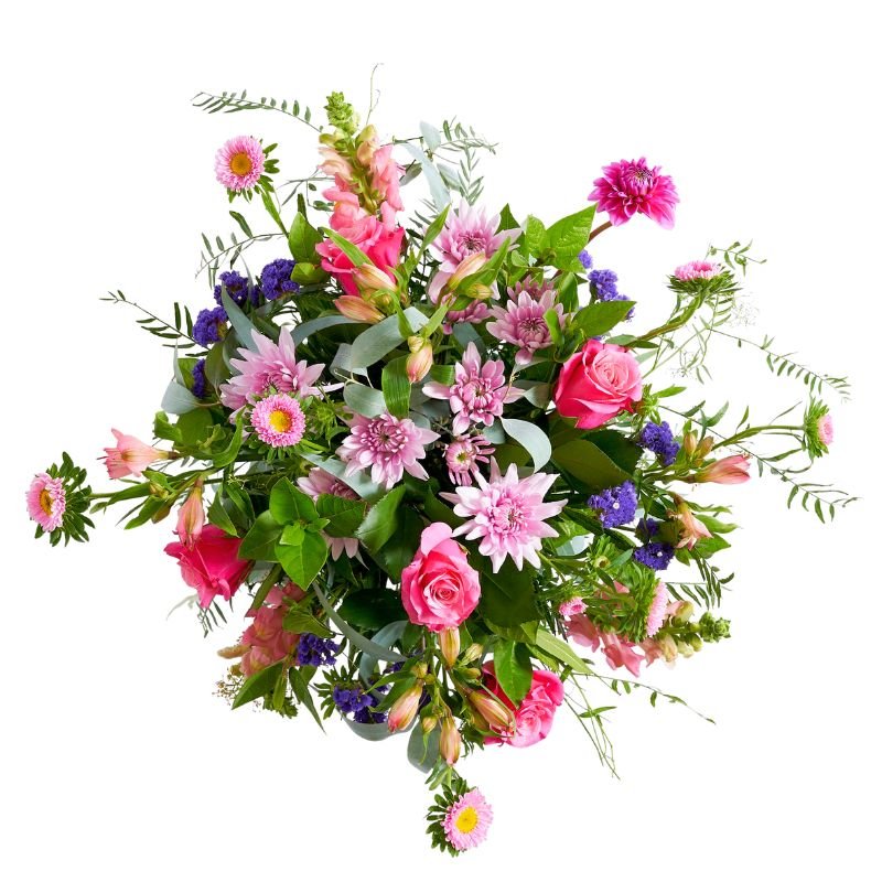 Flower arrangement of colorful flowers with pink, purple, and green on a white background