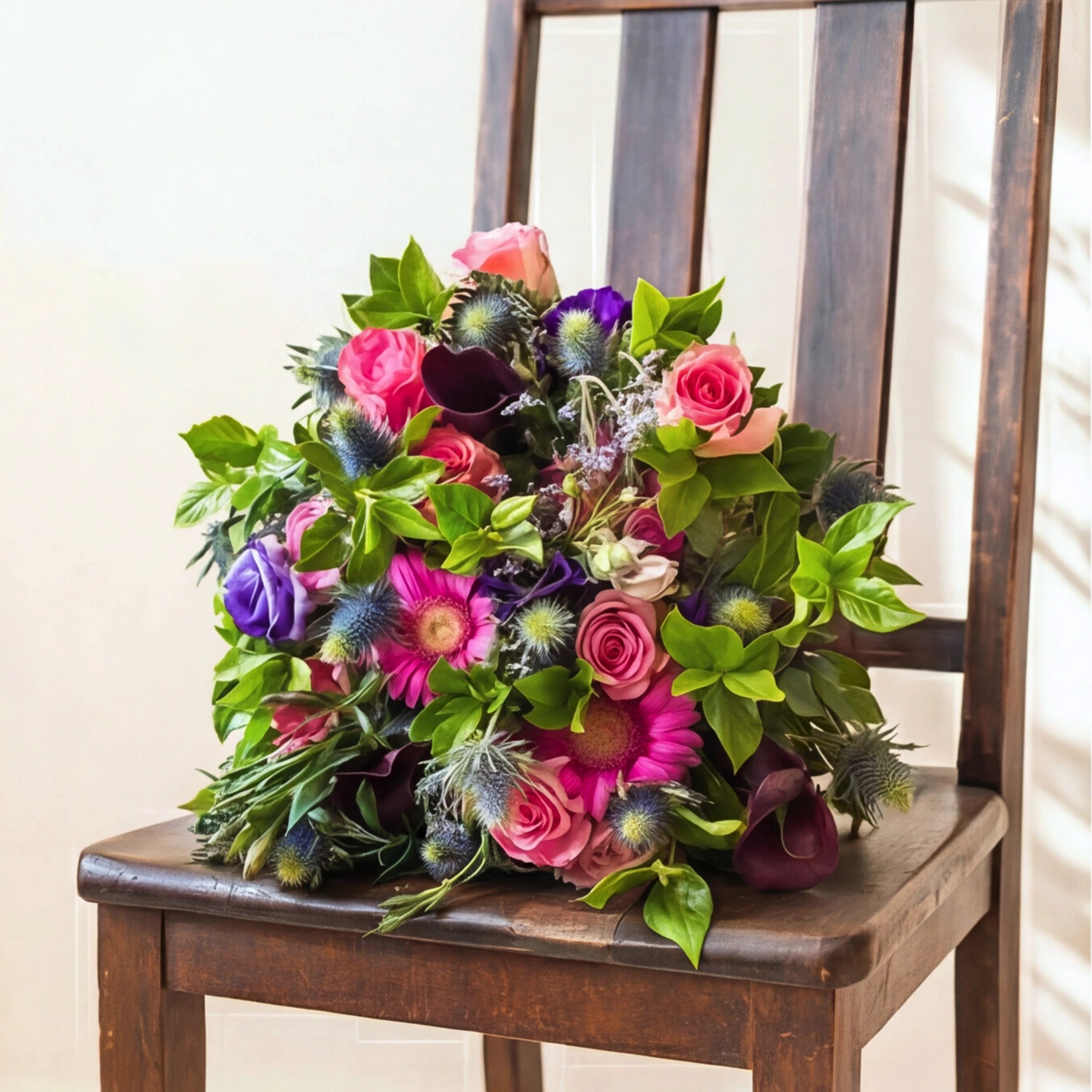 The Berry Bloom bouquet of purple and pink flowers, angled in warm sunlight
Top-down view of Berry Bloom, pink roses, purple lisianthus, gerberas and blue thistle