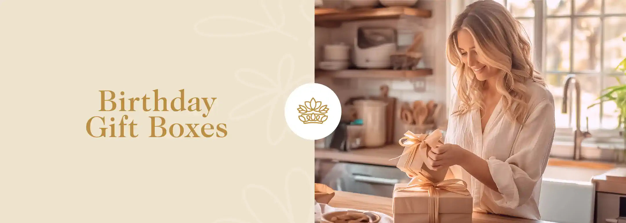 Smiling woman adorning a birthday gift box with a golden ribbon, set against a warm home kitchen backdrop, exemplifying personalised gifting from Fabulous Flowers and Gifts