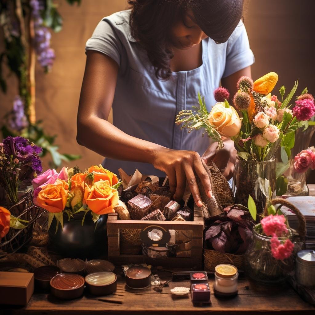 gifts for him birthday ideas from Fabulous Flowers. Florist arranging gift hamper flowers around her. 
