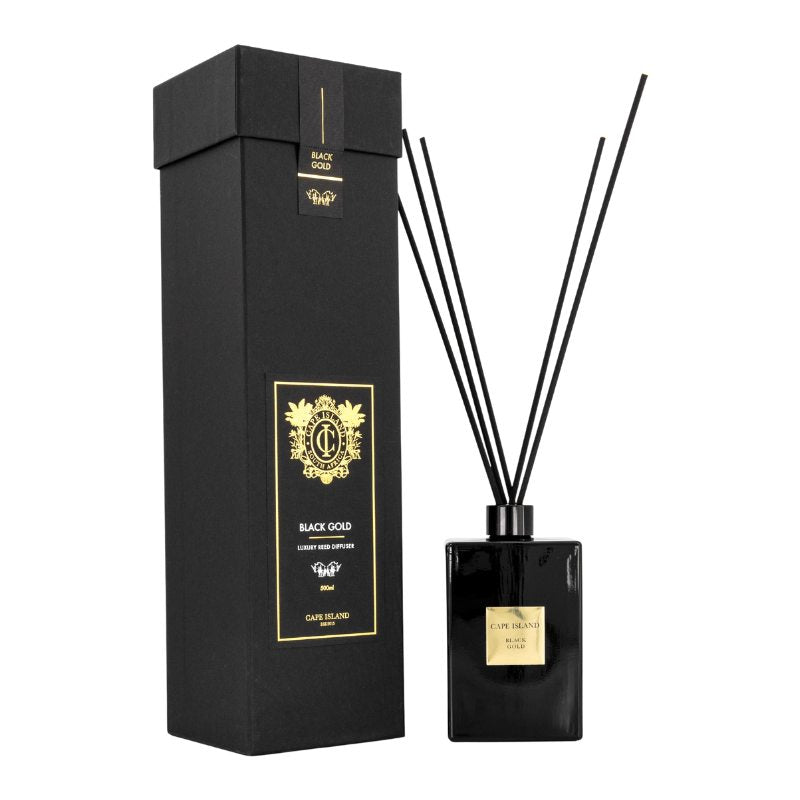 Black Gold 500ml Diffuser - Fabulous Flowers and Gifts: luxury Cape Island reed diffuser with black gift box and gold emblem.