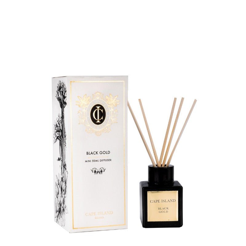 Cape Island Black Gold diffuser with packaging on a white background