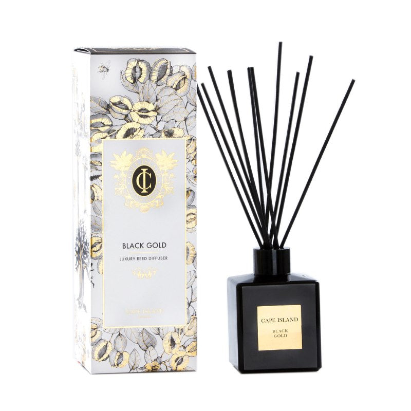 Black Gold luxury reed diffuser with decorative packaging on a white background