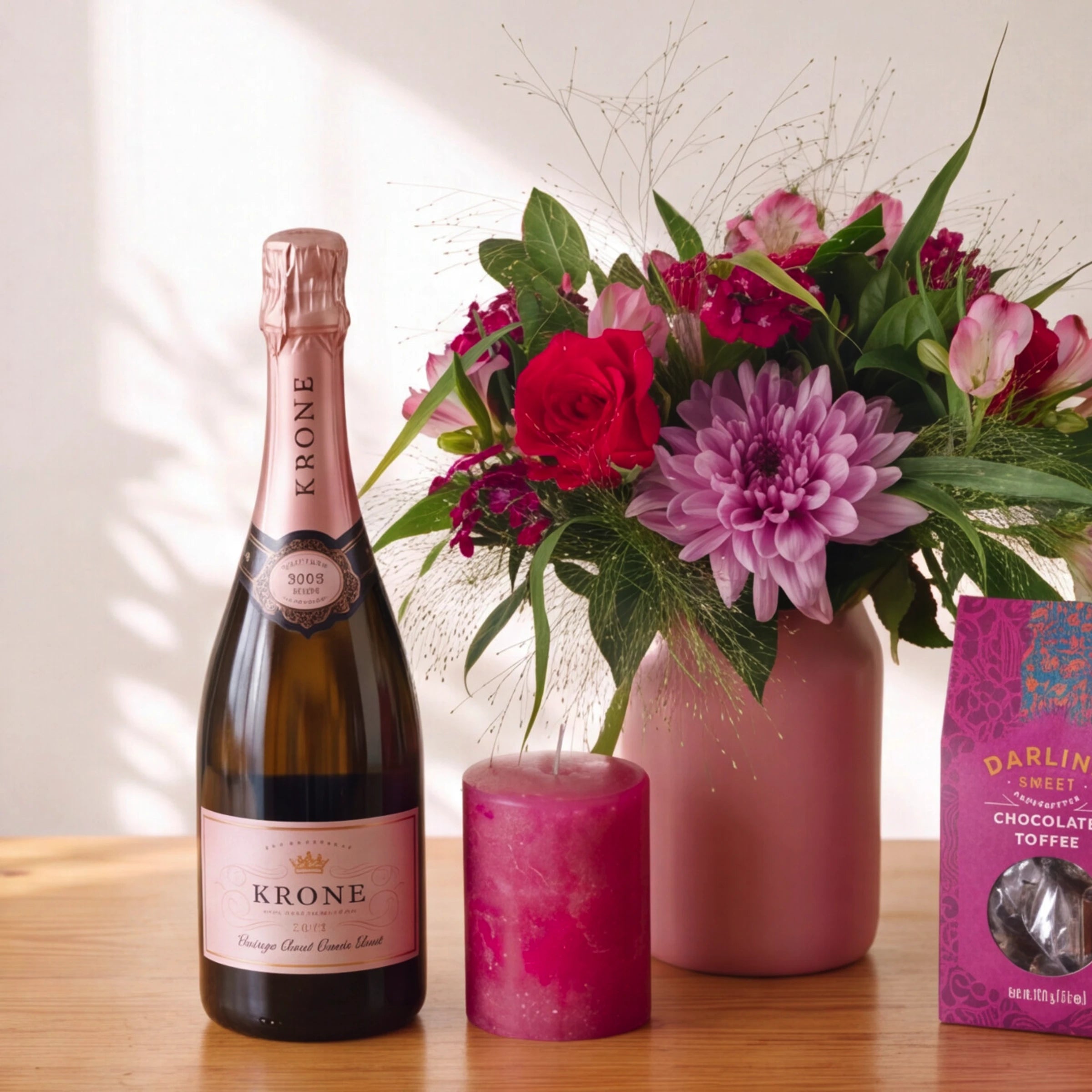 Bloom and Bubble flower and champagne gift set: Krone Vintage Rosé Cuvée Brut 2023, a berry-pink candle and a blush jar of red roses, pink alstroemeria and lilac chrysanthemum from Fabulous Flowers